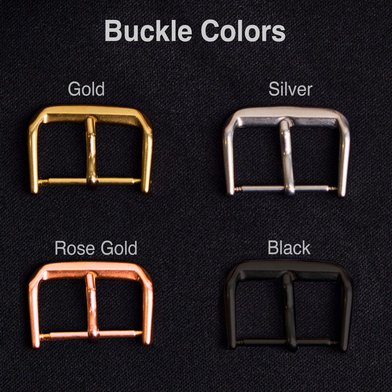 May include: Image showcasing four metal buckles in gold, silver, rose gold, and black. The buckles are rectangular with a central bar and two side bars. The text "Buckle Colors" is at the top.
