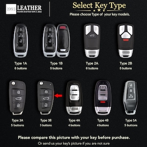May include: A selection guide for car key fobs labelled 1993 LEATHER, displaying ten distinct black key fob models categorised as Type 1A through 5A. Each fob features varying button configurations, with text labels indicating the button count for each.