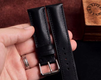 Custom Size Black Leather Watch Strap, Handmade leather watch band for 22mm 21mm 20mm 19mm 18mm 16mm, Black Leather Watch Strap,Gift For Dad