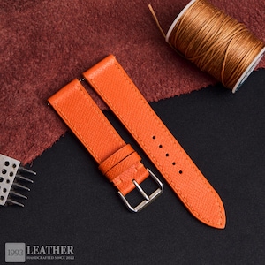 Orange Leather Strap Custom Size, Choice of Width, Choice color Buckle, Handamde watch band 22mm 21mm 20mm 19mm 18mm, Leather Watch Strap