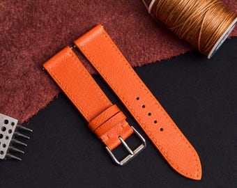 Orange Leather Strap Custom Size, Choice of Width, Choice color Buckle, Handamde watch band 22mm 21mm 20mm 19mm 18mm, Leather Watch Strap