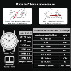 May include: Diagram showing how to measure wrist size for a watch strap. Includes instructions for using a string and ruler, along with a chart correlating wrist circumference in centimeters to watch strap sizes, and lug/buckle sizes in millimeters.