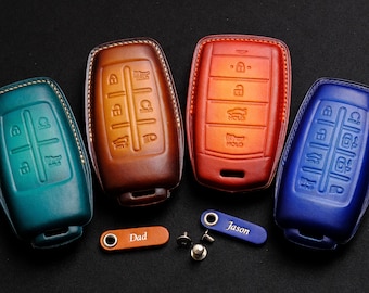 Op de afbeelding: Vier leren sleutelhoezen in verschillende kleuren: teal, bruin, oranje en blauw. Elke hoes heeft een ander ontwerp van knoppen. De hoezen zijn in een rij op een zwart oppervlak gerangschikt. Twee metalen sleutelhangers met de namen "Dad" en "Jason" bevinden zich ook op het oppervlak.
