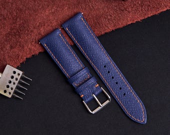 Navy Blue Leather Watch Strap Band 22 mm, 20 mm, 19mm, 18 mm, 16mm custom sized, Custom navy blue leather watch band, Gift For Dad