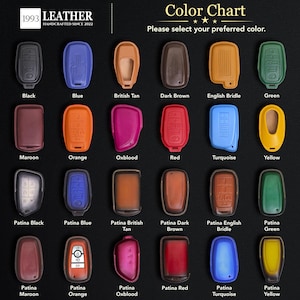 May include: A color chart displaying twenty-four leather key fob covers in various shades including black, blue, tan, brown, green, maroon, orange, oxblood, red, turquoise, and yellow, with some featuring patina finishes and embossed button icons.