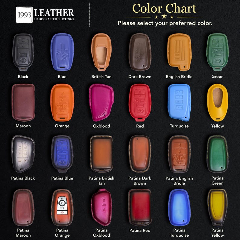 May include: A color chart displaying twenty-four leather key fob covers in various shades including black, blue, tan, brown, green, maroon, orange, oxblood, red, turquoise, and yellow, with some featuring patina finishes and embossed button icons.