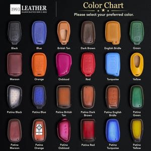May include: A colour chart displaying twenty-four leather key fob covers in various shades including black, blue, tan, brown, green, maroon, orange, red, yellow, and turquoise, with labels for each colour and the text 1993 LEATHER HANDCRAFTED SINCE 2022.