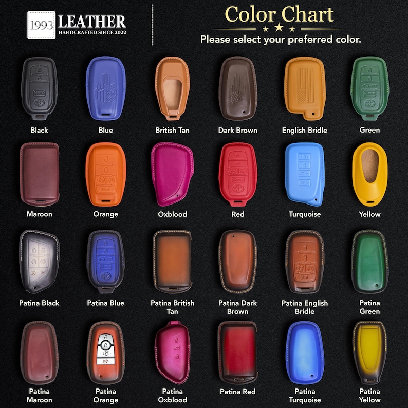 May include: A colour chart displaying twenty-four leather key fob covers in various shades including black, blue, tan, brown, green, maroon, orange, red, yellow, and turquoise, with labels for each colour and the text 1993 LEATHER HANDCRAFTED SINCE 2022.