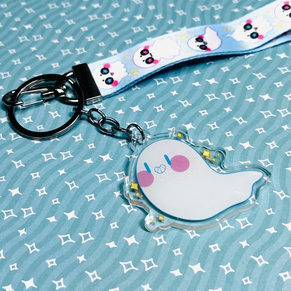 Cute ghost lanyard with ghost charm | Cute ghost acrylic charm | Blue lanyard with ghosts | Ghost lanyard and charm keychain