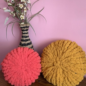 Chunky Knit Pillow/Round Chunky Knit Pouf/Handmade Chenille Yarn Pillow/Pouf Pillow/Knitted Pillow/Hand-Stitched Decorative Pouf/ Spring