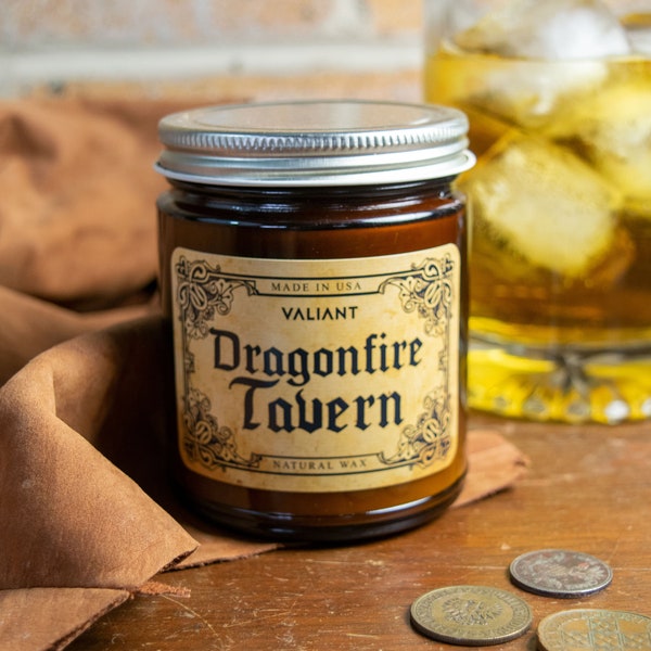 Dragonfire Tavern Soy Wax Candle | Geek Gift | Dungeons & Dragons | Whiskey | Leather