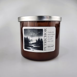 May include: A brown candle with a silver lid. The label features a black and white landscape scene with the word "PETRICHOR" and the text "Under the dark clouds, the smell of earth after rain."