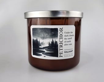 Petrichor / L'odore della terra dopo la pioggia / Candela di cera di soia in barattolo di ambra da 20 once / Candela a 3 stoppini