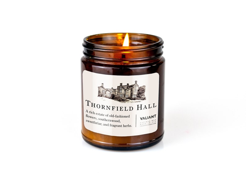 Thornfield Hall Jane Eyre Charlotte Bronte Sweetbriar Rose, Southernwood, and Jasmine Soy Wax Candle in Amber Jar image 1