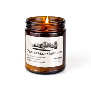 Pemberley Gardens Candle | Pride & Prejudice | Jane Austen | Lilac and Honeysuckle | Soy Wax Candle in Amber Jar