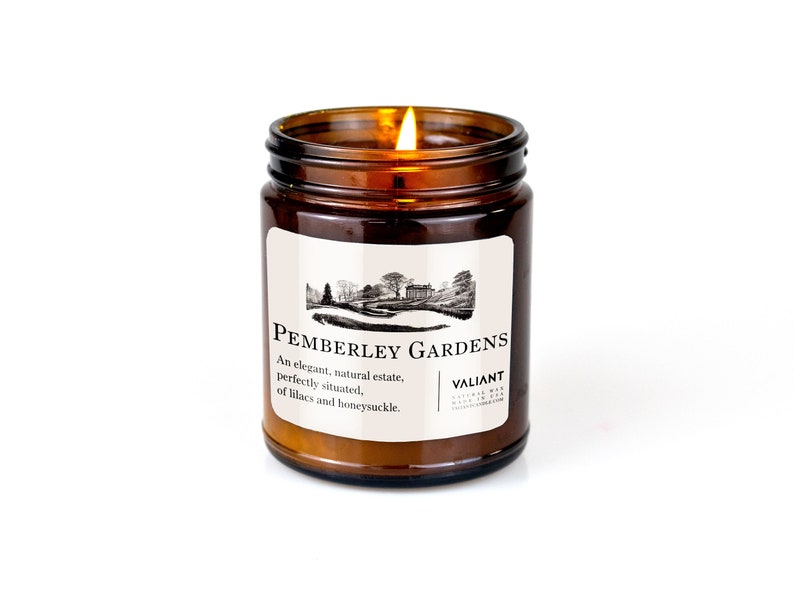 Pemberley Gardens Candle Pride & Prejudice Jane Austen Lilac and Honeysuckle Soy Wax Candle in Amber Jar image 1