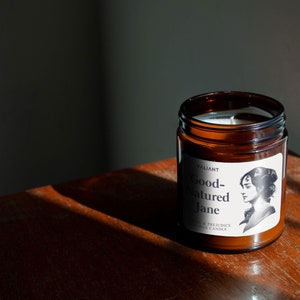 Good-Natured Jane Candle Pride & Prejudice Jane Austen Lily and Cherry Blossom Soy Wax Candle in Amber Jar image 2