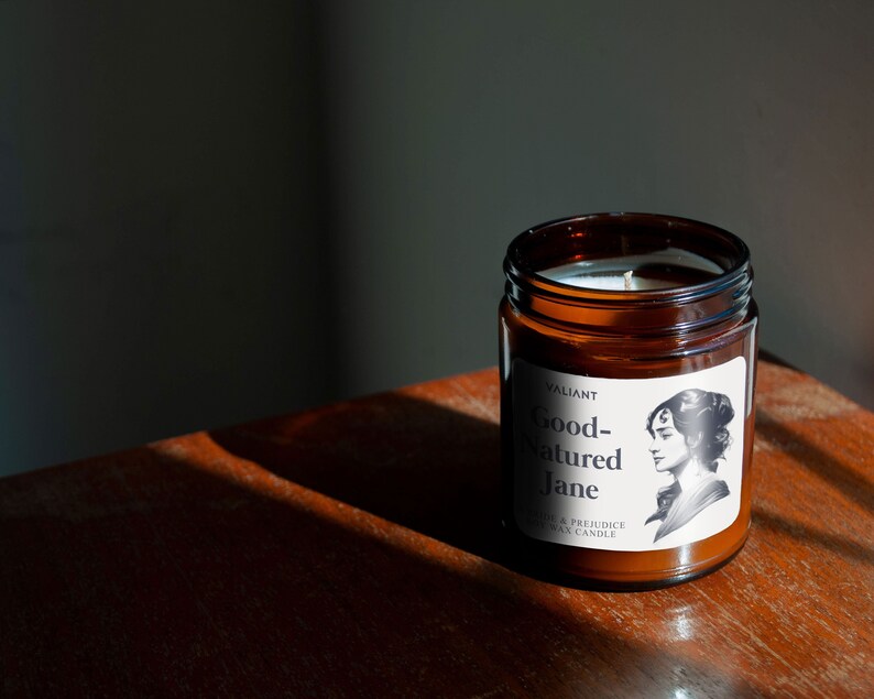 Good-Natured Jane Candle Pride & Prejudice Jane Austen Lily and Cherry Blossom Soy Wax Candle in Amber Jar image 2