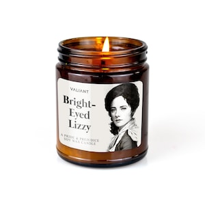 Bright-Eyed Lizzy Candle | Pride & Prejudice | Jane Austen | Gardenia and Jasmine | Soy Wax Candle in Amber Jar