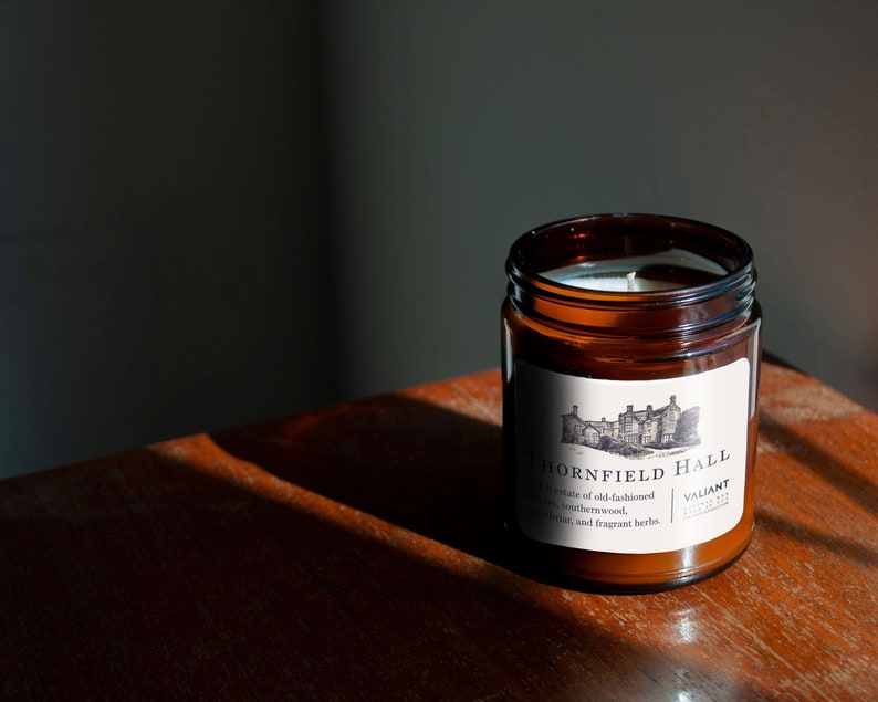 Thornfield Hall Jane Eyre Charlotte Bronte Sweetbriar Rose, Southernwood, and Jasmine Soy Wax Candle in Amber Jar image 2