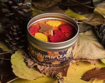 Candela con foglie autunnali / Profumo di mela speziata, mirtillo rosso e pino