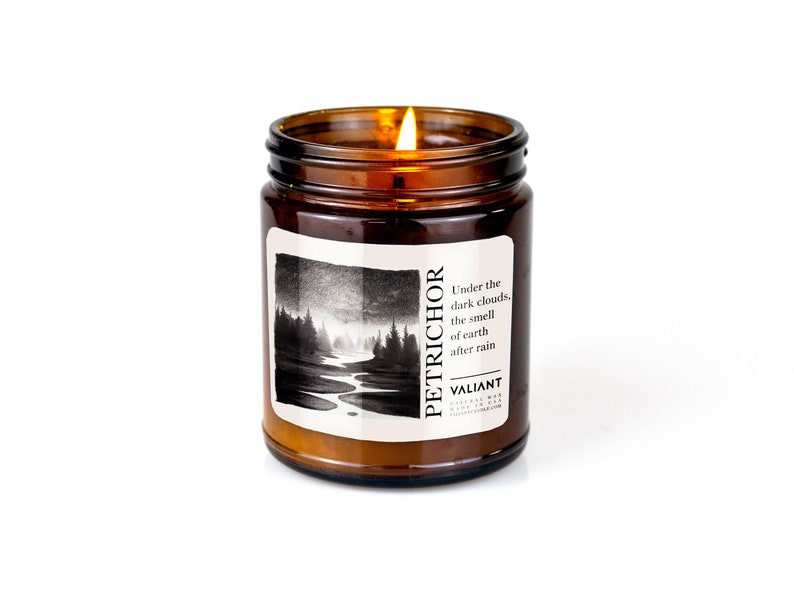 Petrichor The smell of earth after rain Soy Wax Candle in Amber Jar image 1