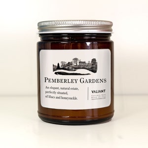 Pemberley Gardens Candle Pride & Prejudice Jane Austen Lilac and Honeysuckle Soy Wax Candle in Amber Jar image 3