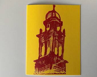 KC Plaza Linocut note card, Red & Yellow
