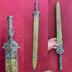 Unique ancient Roman wonderful bronze gold gilded face depicting unique sword FREE Express Shipping Worldwide