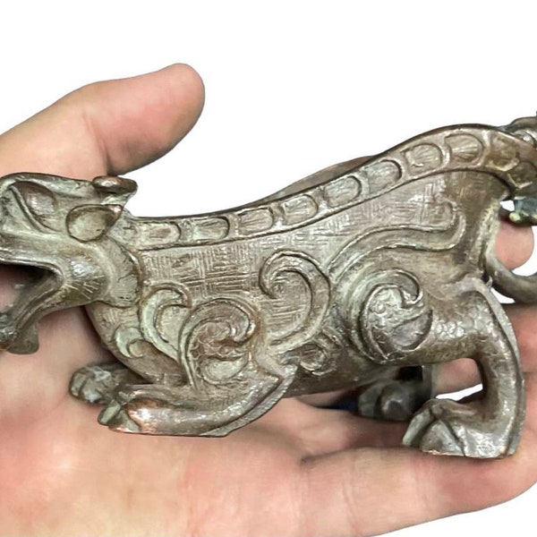 Unique Ancient Persian Bronze drinking Vessel Rhyton With Dragons Terminal