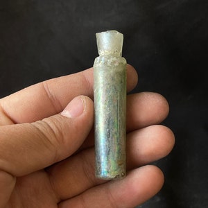 Large ancient Roman irdescent glass unique bottle with lovely Patina