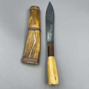 May include: A small, brown, bone-handled knife with a metal blade and a matching bone sheath. The blade is dull and has a slight curve. The handle is decorated with a simple design.
