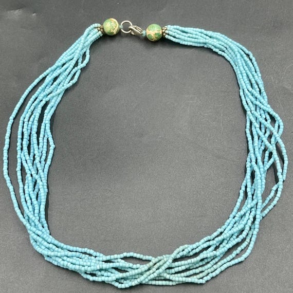 Vintage Afghanistan Blue Seed Bead Necklace With Turquoise