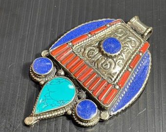 Stunning Middle East Vintage Stunning Brass With Rare Turquoise,Coral and Lapis Stone Unique Pendant / Antique Pendant / Wearable