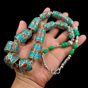 Gorgeous Vintage Old Tibetan Necklace With big Turquoise and Coral stone Silver plated beads Vintage Necklace,Tibetan Boho style