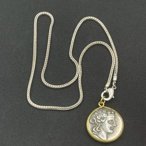 Wonderful Ancient Indo Greek Bronze Authentic Coin With Gold Gilded Bezel Pendant With Chain
