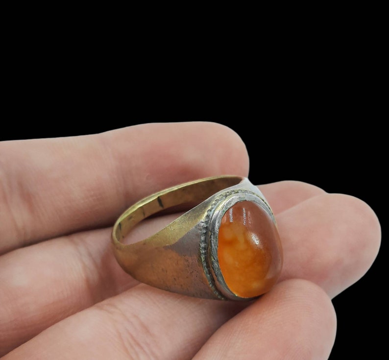 Bohemian Ring Beautiful Antique Post Medieval Brass Ring With Orange HAQIQ Agate Stone Stunning Ring Antique Stone ring