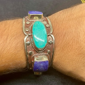 Very Beautiful Vintage Tibetan Brass With Lapis lazuli And Turquoise Stone Handmade Cuff/Bracelet