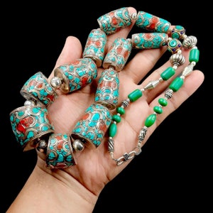 Wonderful Vintage Old Tibetan Design Necklace With Turquoise and coral stone silver plated Large beads Vintage Necklace, Tibetan Boho style