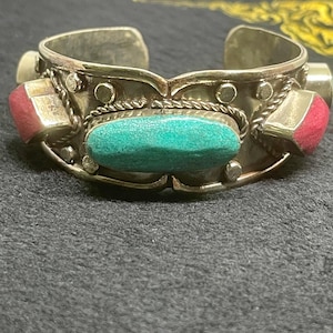 Beautiful Vintage Tibetan Brass With Coral And Turquoise Stone Handmade Cuff/Bracelet