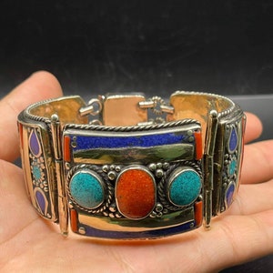 Beautiful Vintage Near Eastern Silver Plated With Multi Color Natural Stones Bangle Bracelet , Himalayan Jewelry,Tibetan Jewelry