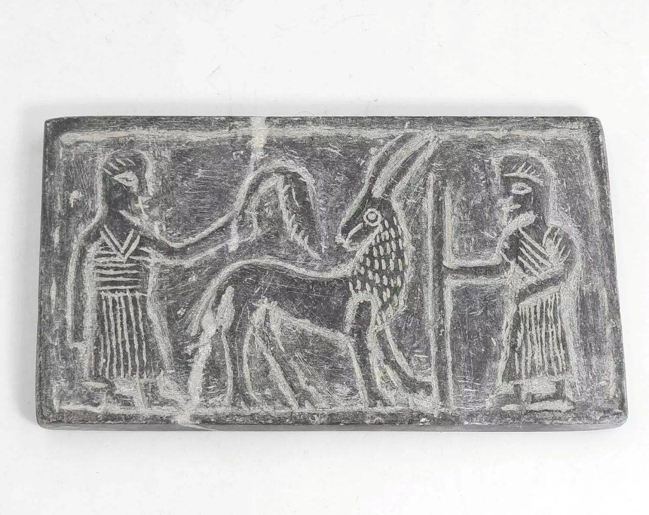 Mesume Quality Ancient Near Eastern Old Black Stone Carved Tablet with Shepherd And Animal Figures Intaglio Tile Tablet