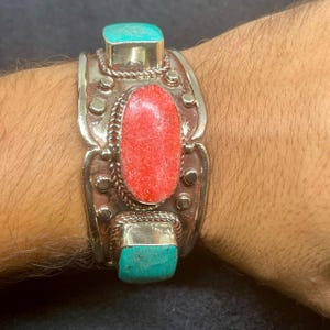 Wonderful Vintage Tibetan Brass With Coral And Turquoise Stone Handmade Cuff/Bracelet
