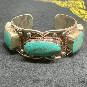 Very Beautiful Vintage Tibetan Stunning Brass With Coral And Turquoise Stone Handmade Cuff/Bracelet