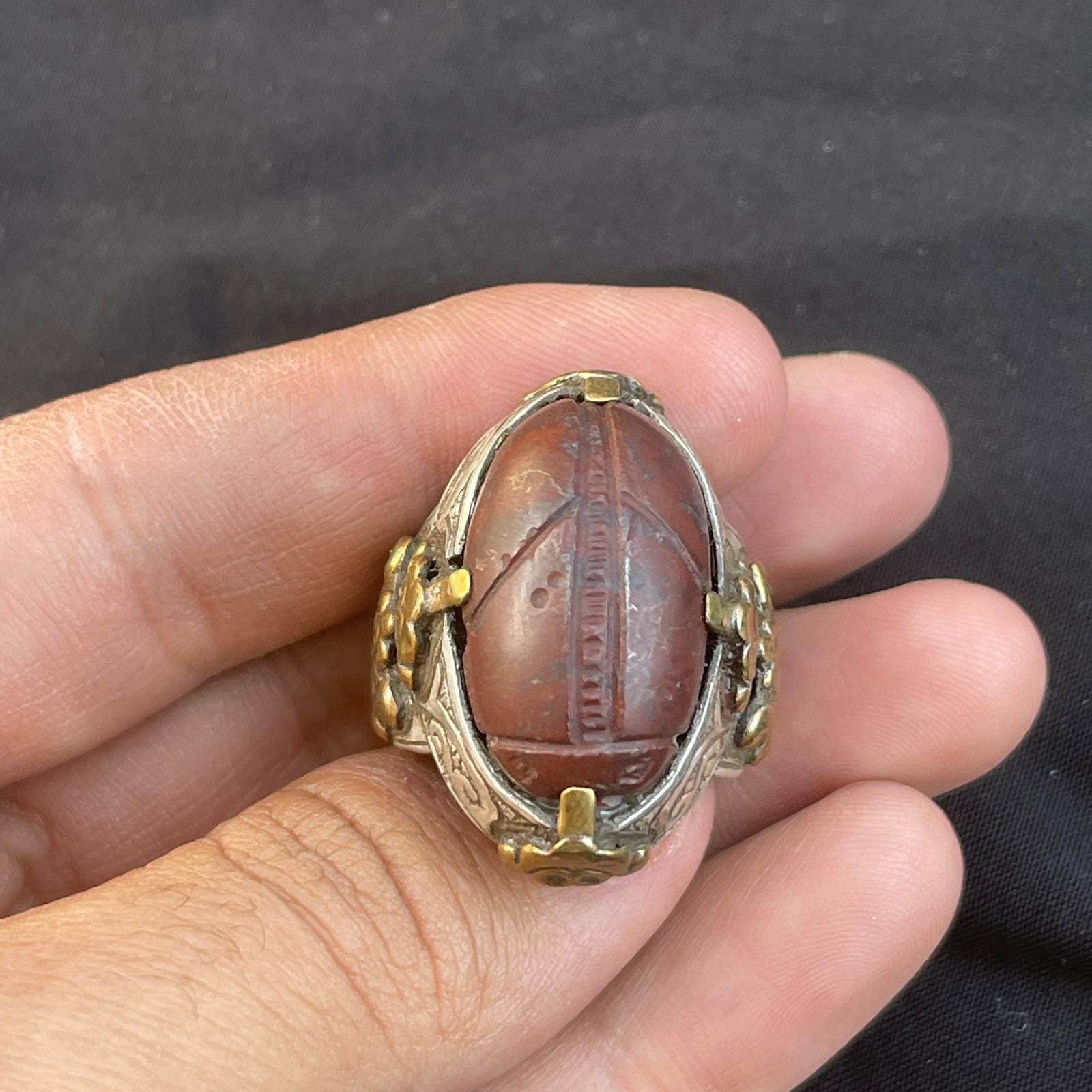 アンティークジャスパーストーンスカラベリング：純銀製エジプト