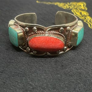 Beautiful Vintage Tibetan Brass With Coral And Turquoise Stone Handmade bracelet