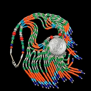 Vintage Tibetan Turquoise Coral Necklace: Silver Plated Boho Pendant