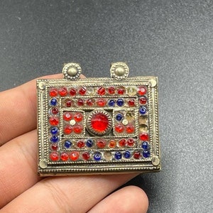 Beautiful Antique Post Medieval Old brass Amulet pendant with ancient lot multicolor glass Insert wonderful pendant