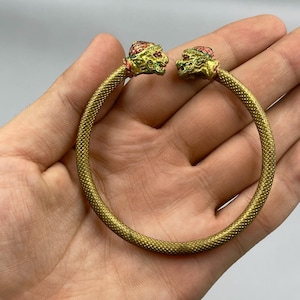 Beautiful Ancient Greek old gilded brass 2 face heads carved bangle bracelet adjustable size bracelet