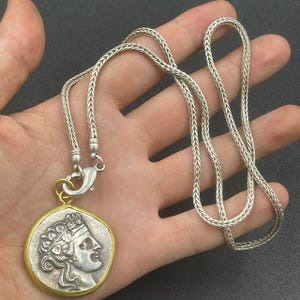 Ancient Indo-Greek Bronze Coin Pendant: Gold Gilded Bezel, Chain Necklace